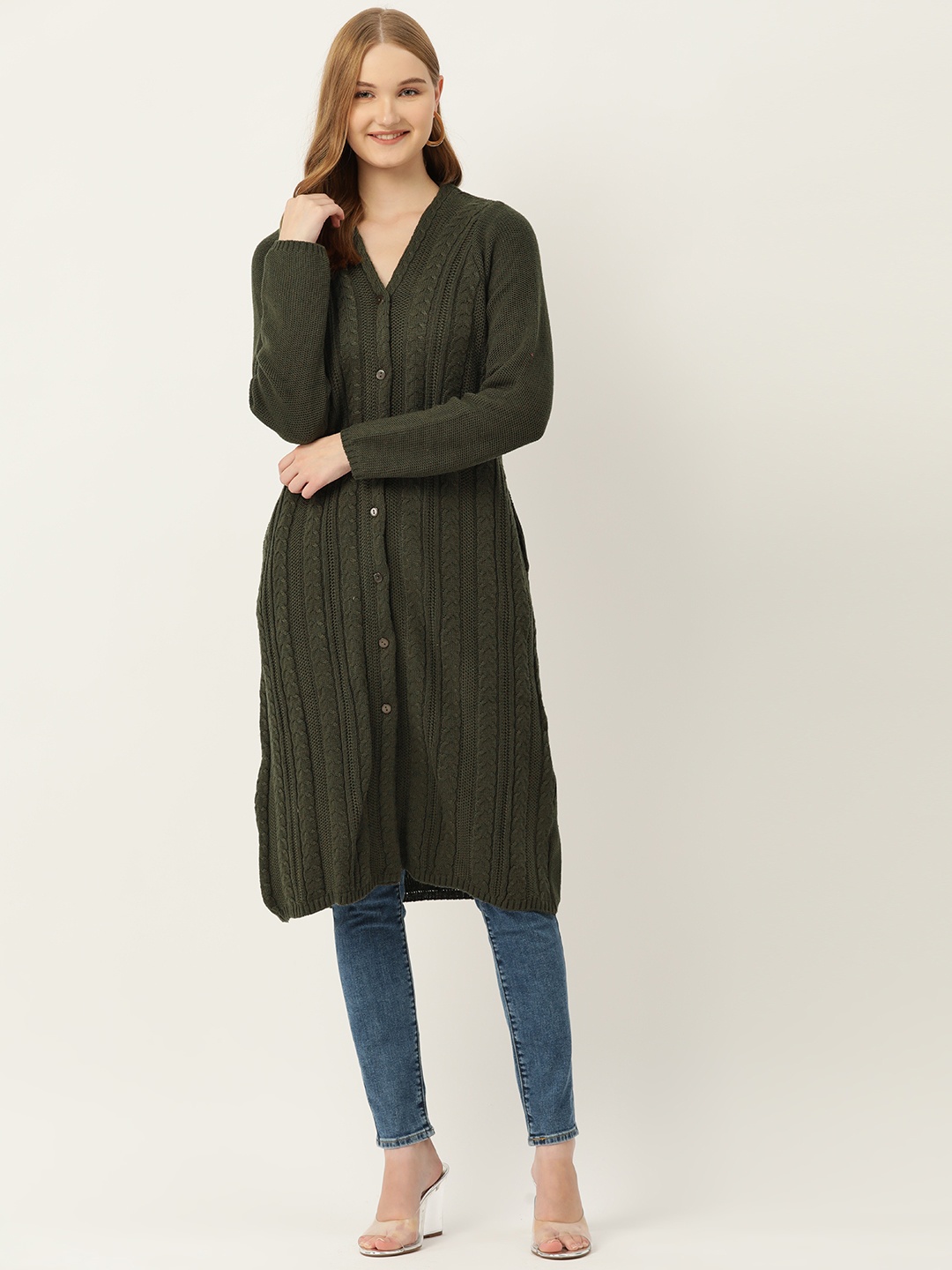 

American Eye Cable Knit Longline Cardigan, Olive