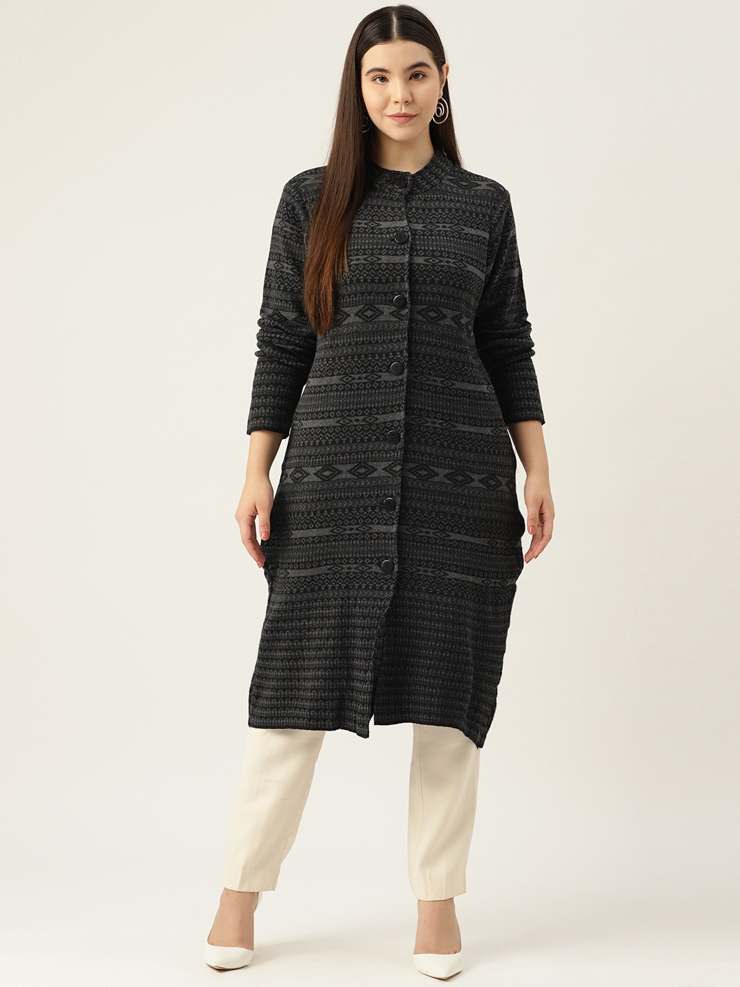 

American Eye Woven Design Longline Cardigan, Black