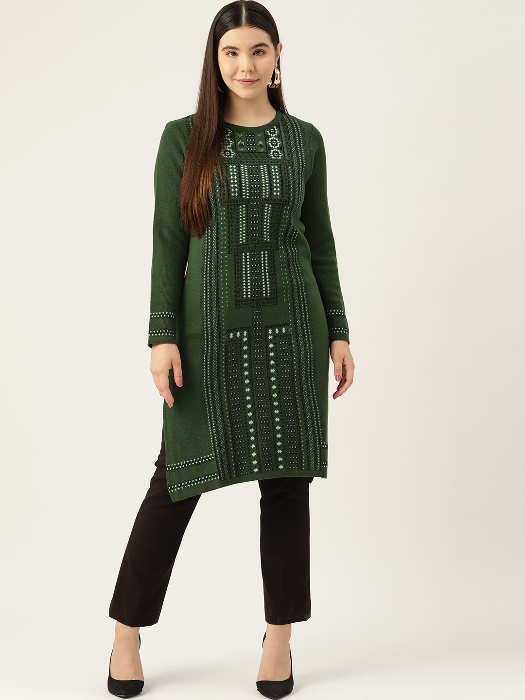 

American Eye Woven Design Winter Kurta, Olive