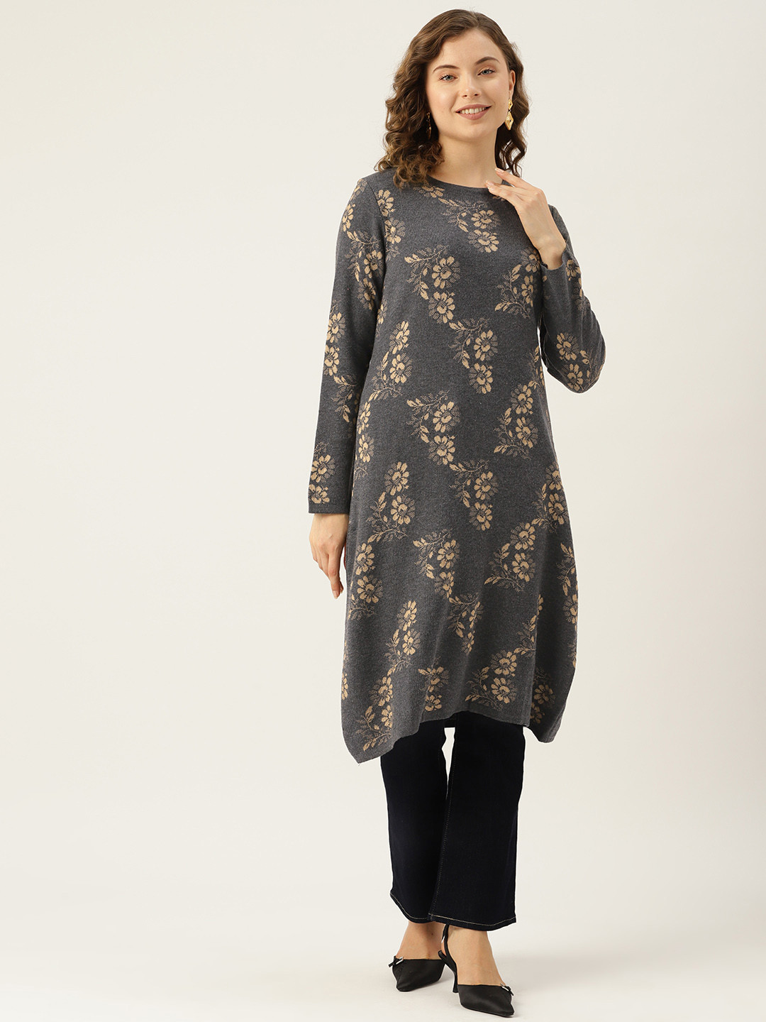 

American Eye Woven Design Winter Kurta, Grey melange