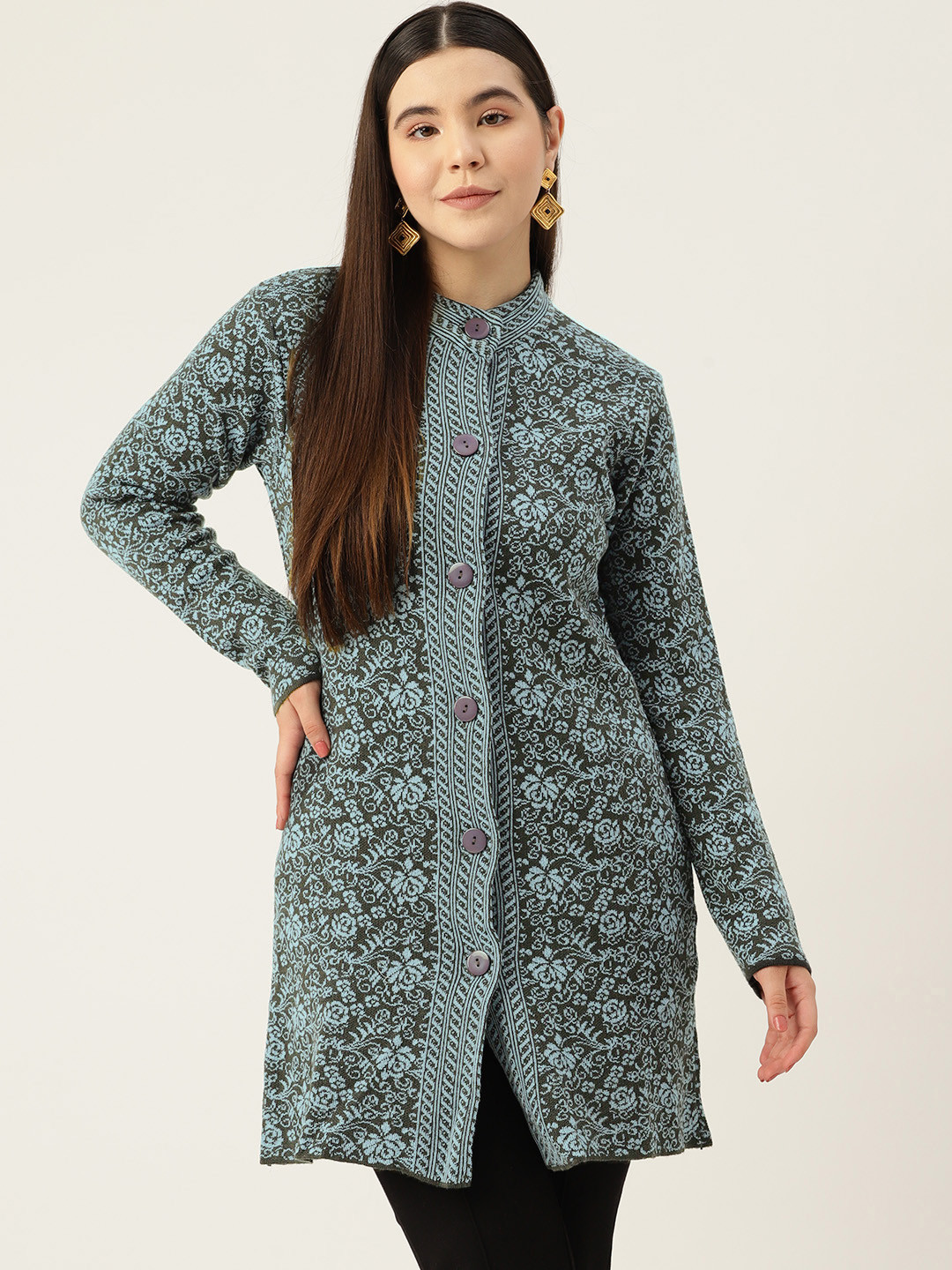 

American Eye Women Self Design Acrylic Longline Cardigan, Blue