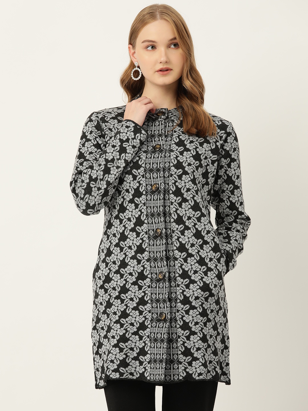

American Eye Women Self-Design Longline Cardigan, Black