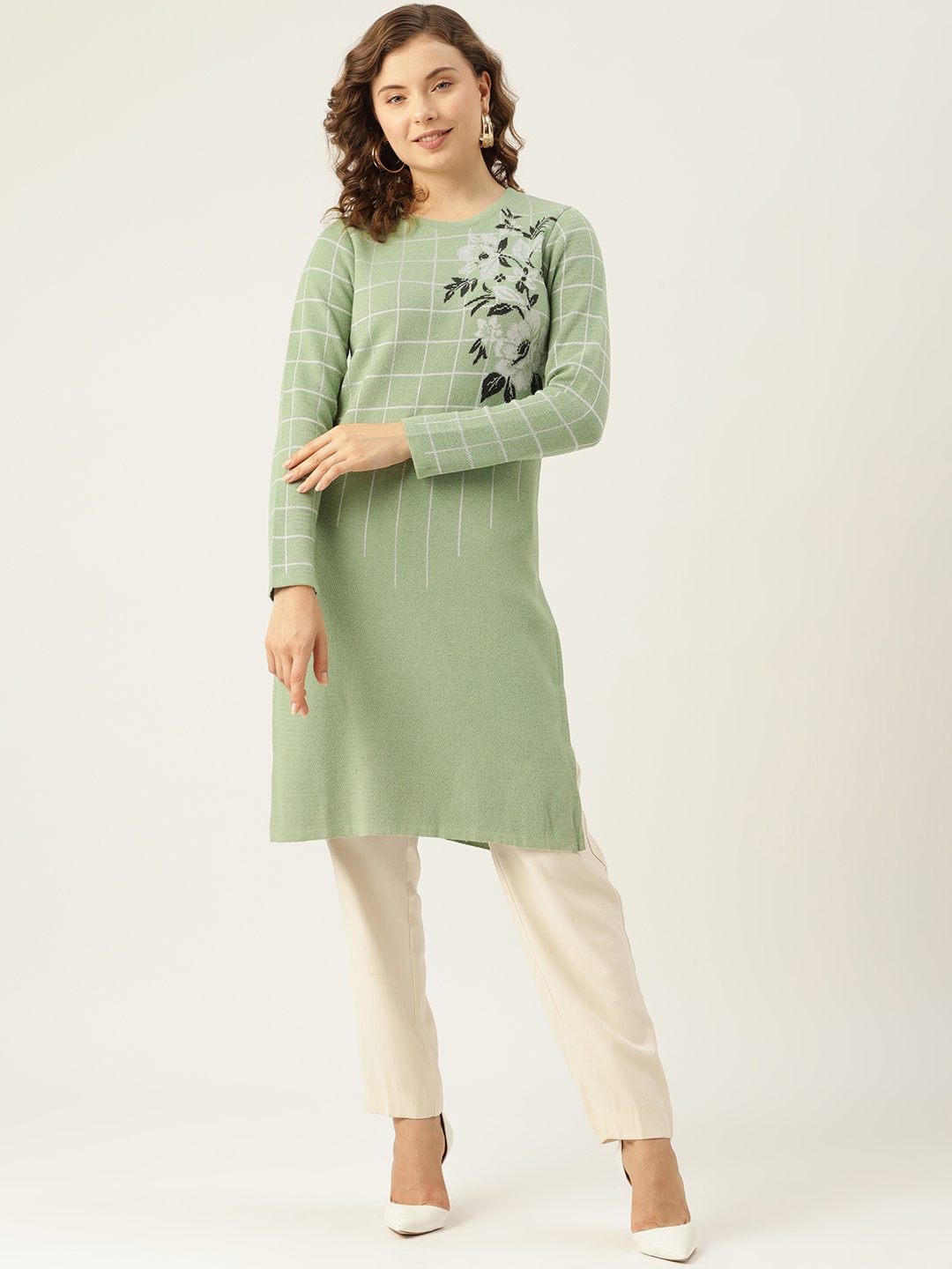 

American Eye Women Floral Checked Winter Kurta, Green