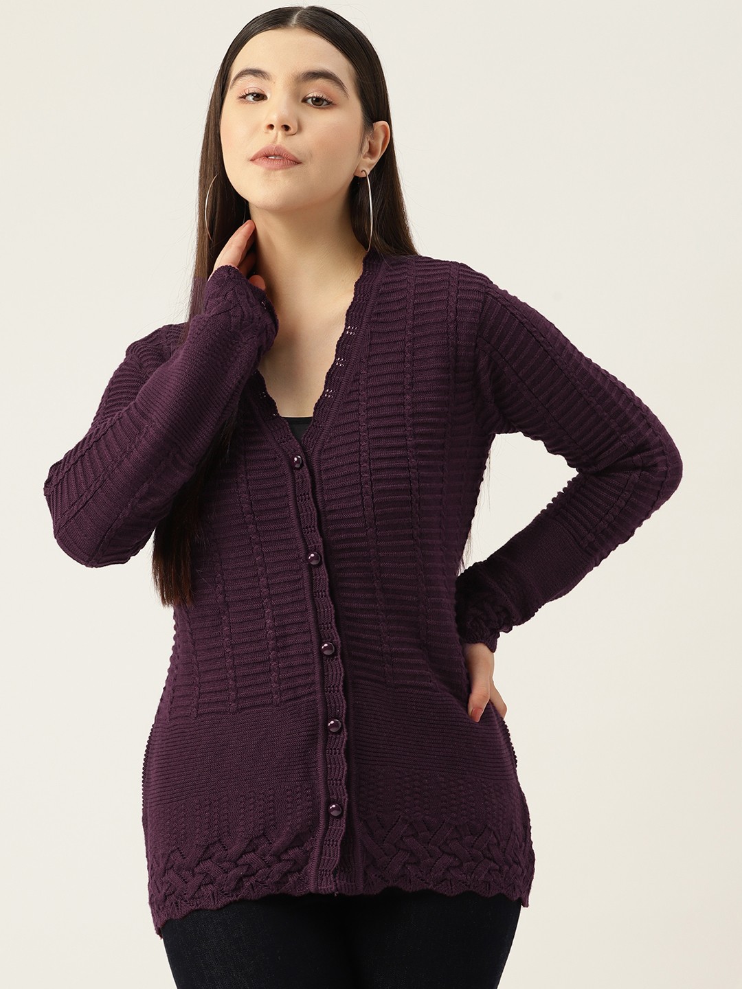 

American Eye Women Self Striped Acrylic Cardigan, Purple