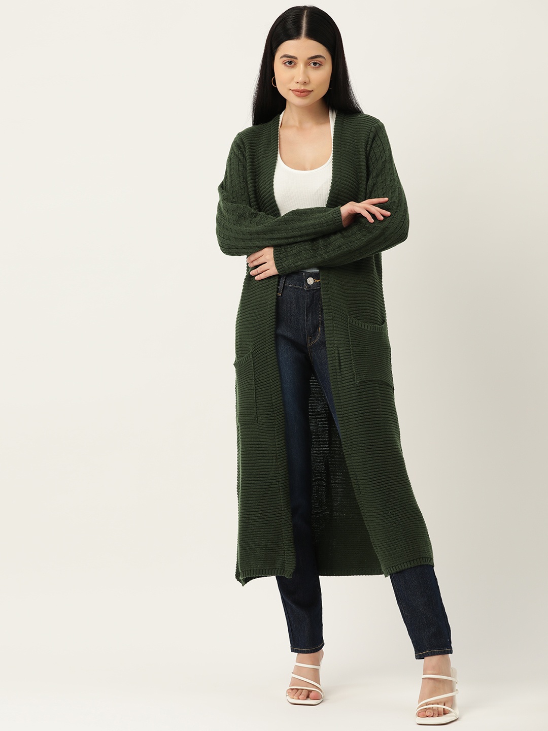 

American Eye Women Solid Longline Cardigan, Olive