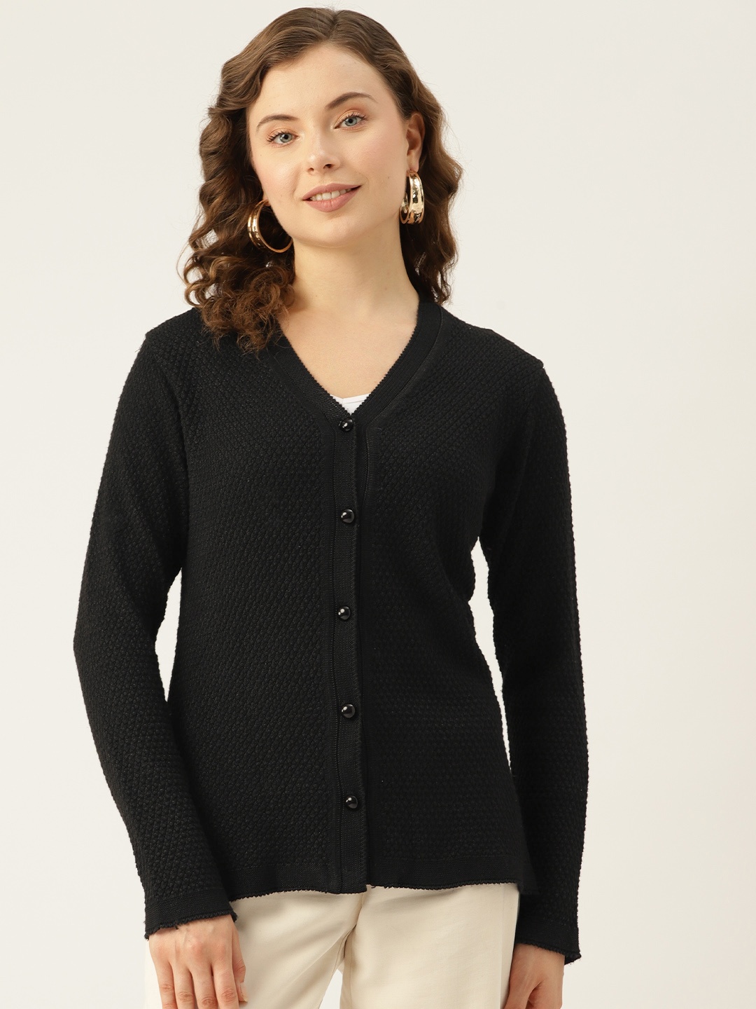 

American Eye Women Self Checked Acrylic Cardigan, Black