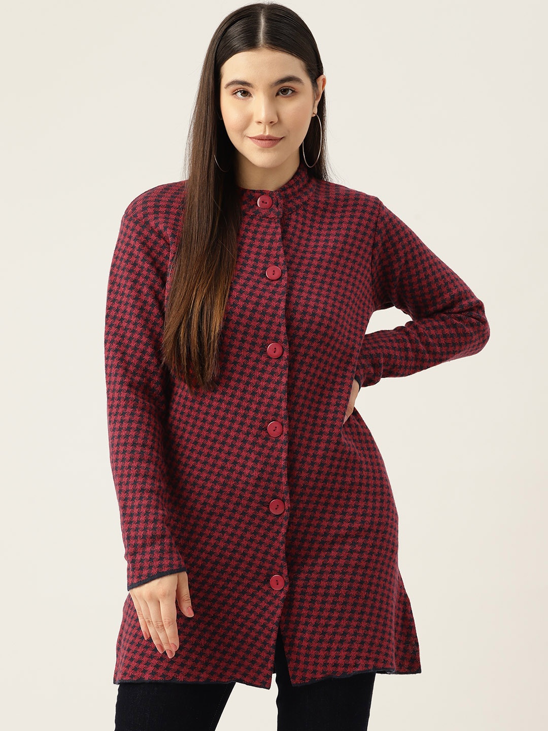 

American Eye Women Checked Acrylic Longline Cardigan, Maroon