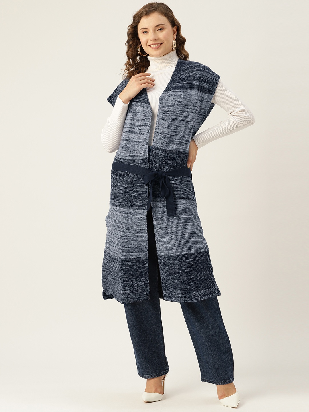 

American Eye Acrylic Colourblocked Open Front Longline Sweater with Belt, Blue