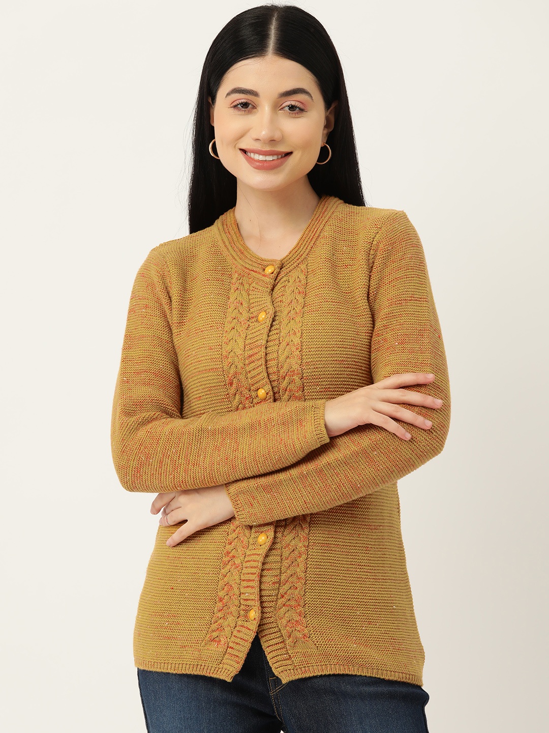 

American Eye Women Solid Cardigan, Mustard