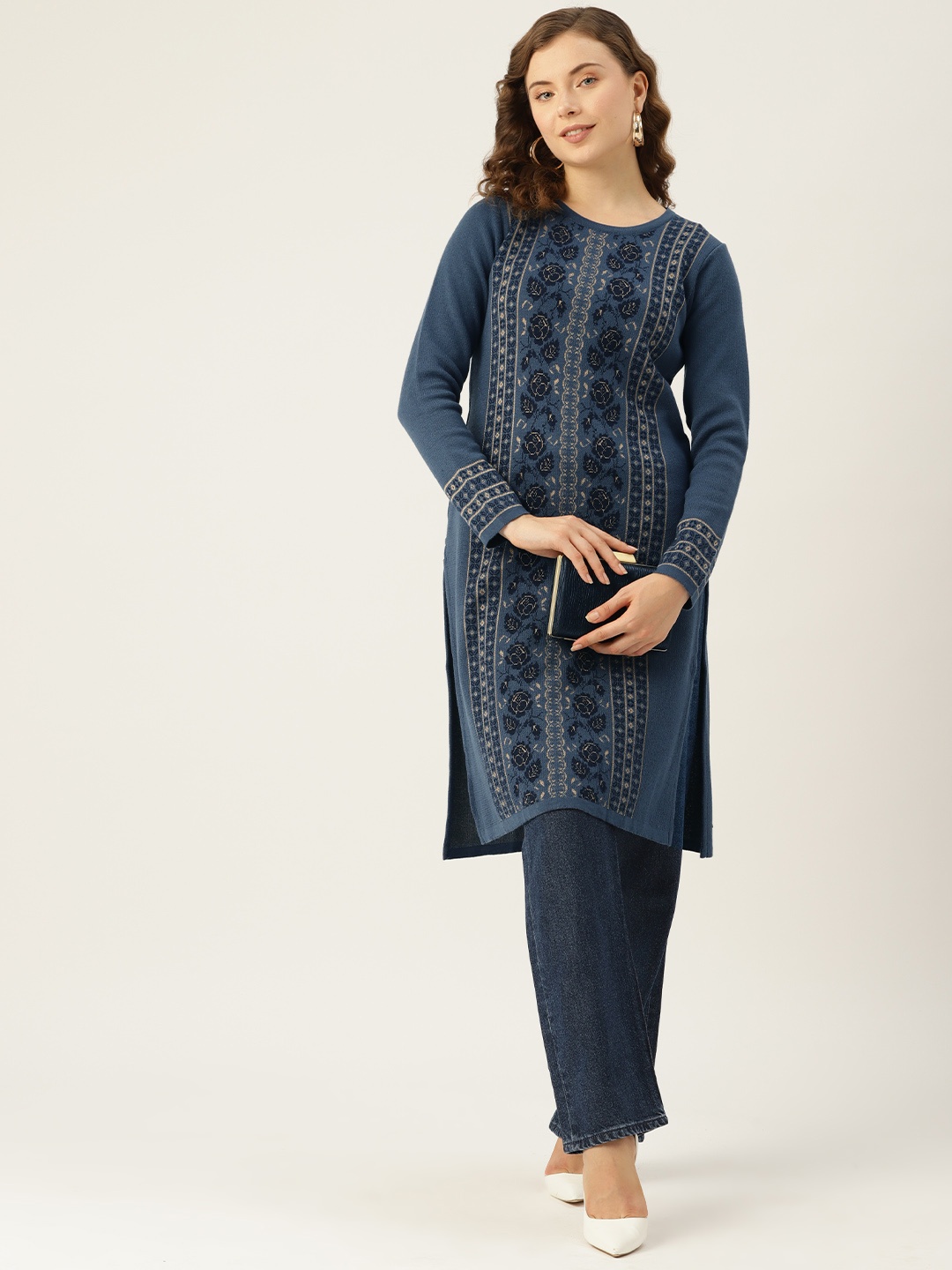 

American Eye Ethnic Motifs Woven Designed Straight Kurta, Navy blue