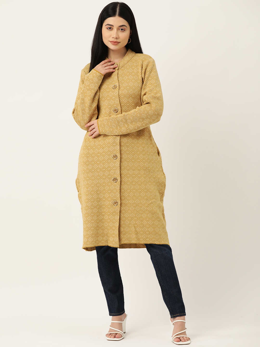 

American Eye Women Self-Design Longline Cardigan, Mustard