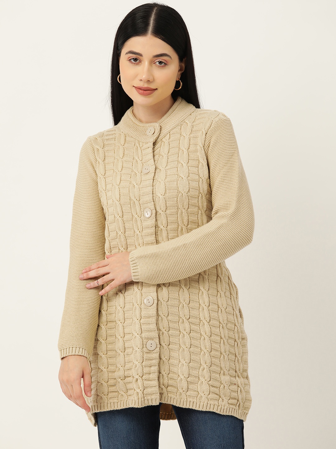 

American Eye Women Cable Knit Longline Cardigan, Beige