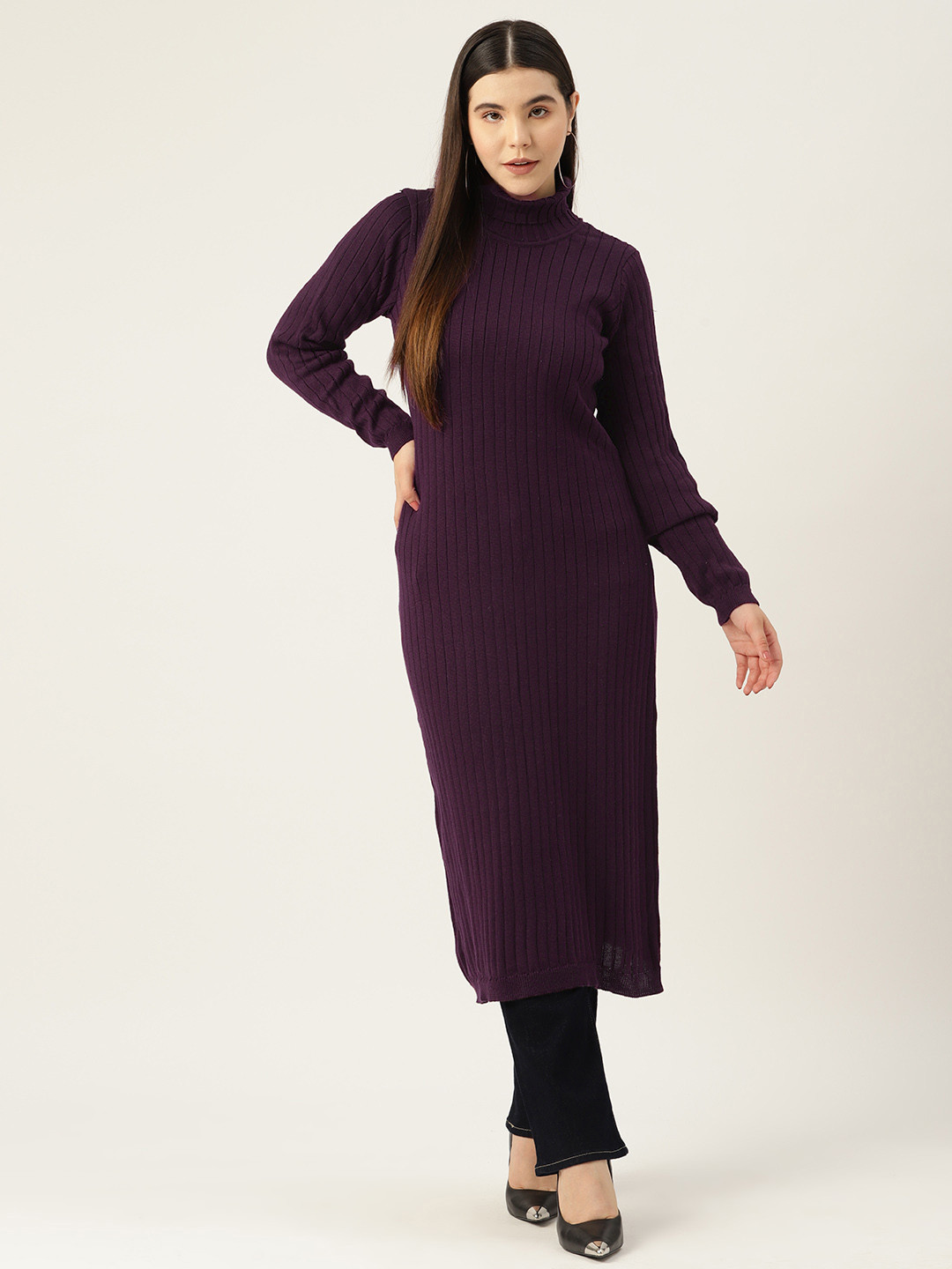 

American Eye High Neck Self-Striped Straight Kurta, Burgundy