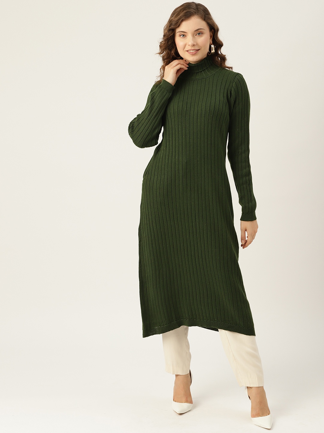 

American Eye Ribbed Longline Acrylic Pullover, Green