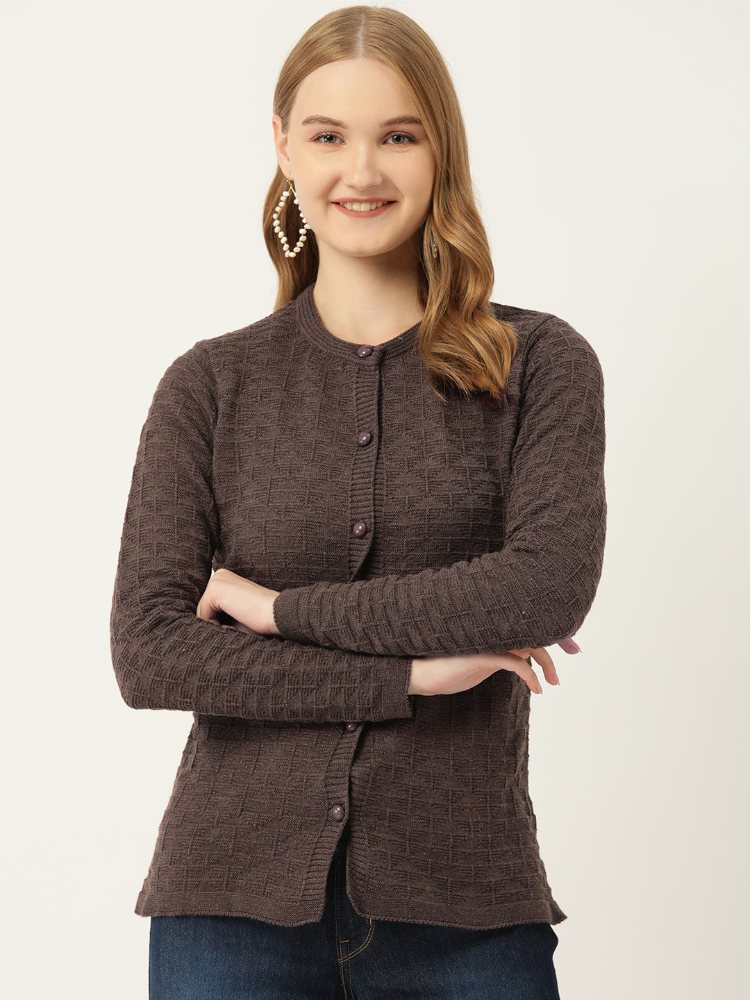 

American Eye Women Self Design Cardigan, Brown