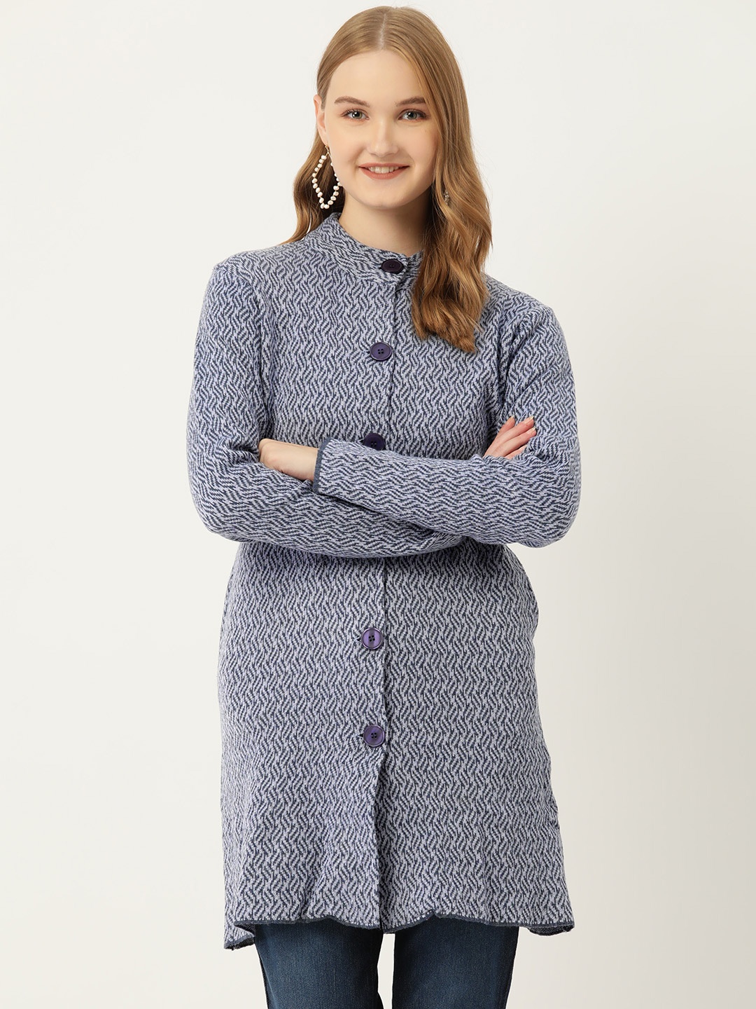 

American Eye Women Self Design Longline Cardigan, Blue