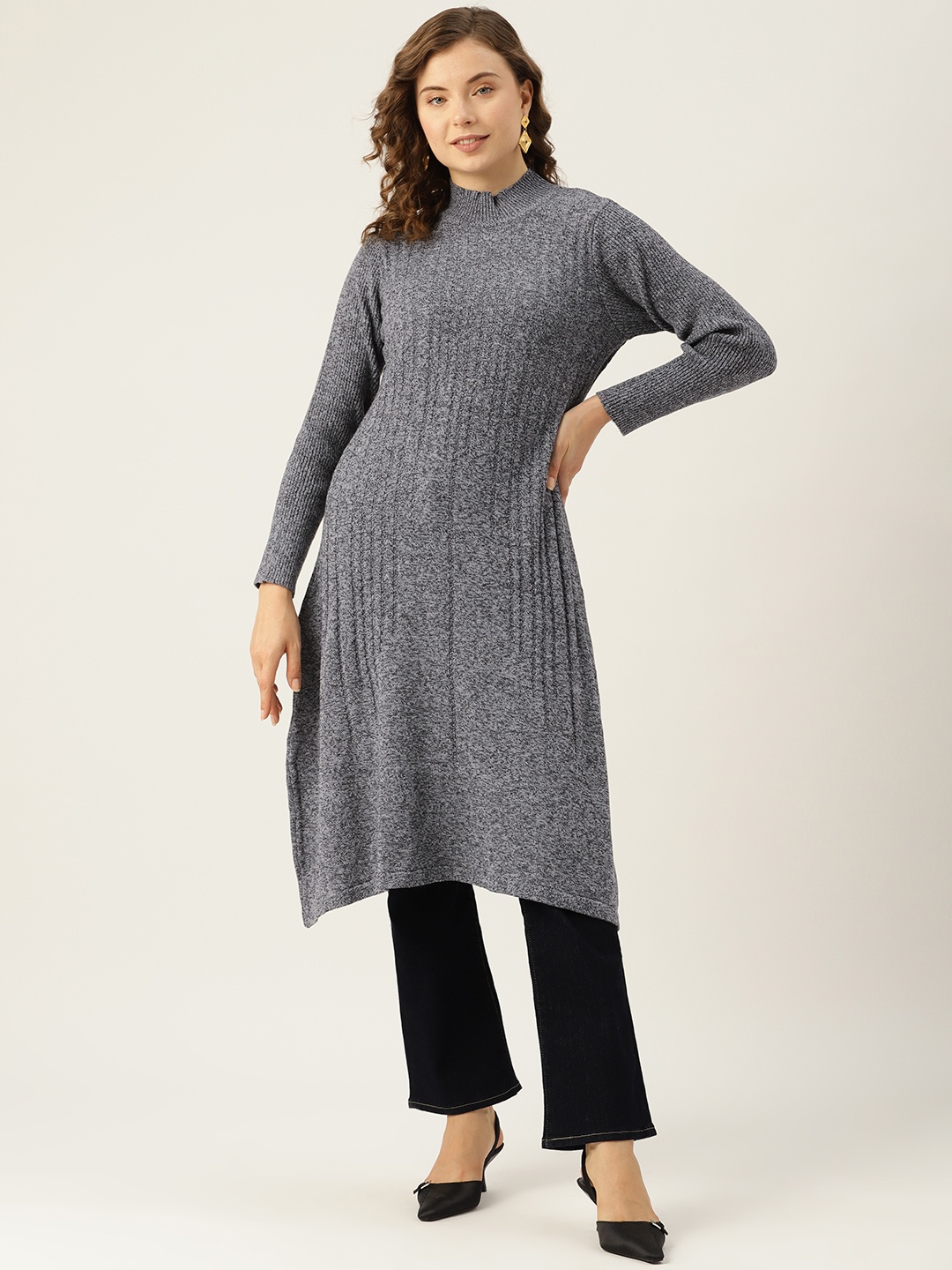 

American Eye Cable Knit Longline Acrylic Pullover, Grey melange