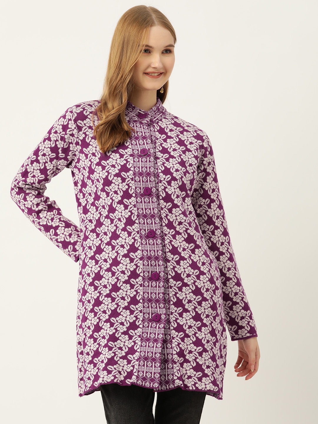 

American Eye Floral Longline Acrylic Cardigan, Purple