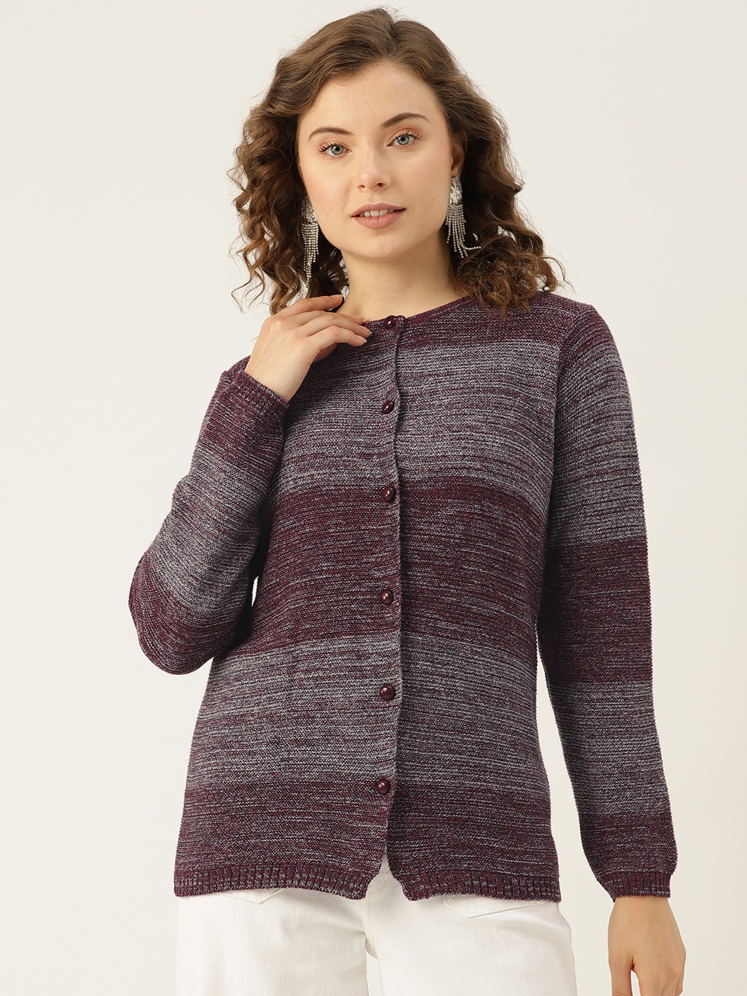 

American Eye Self Striped Acrylic Cardigan, Maroon