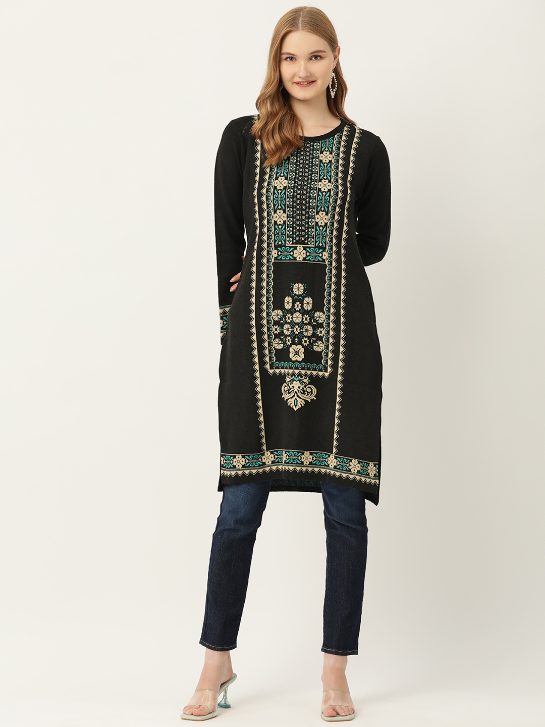 

American Eye Ethnic Motifs Acrylic Winter Kurta, Black