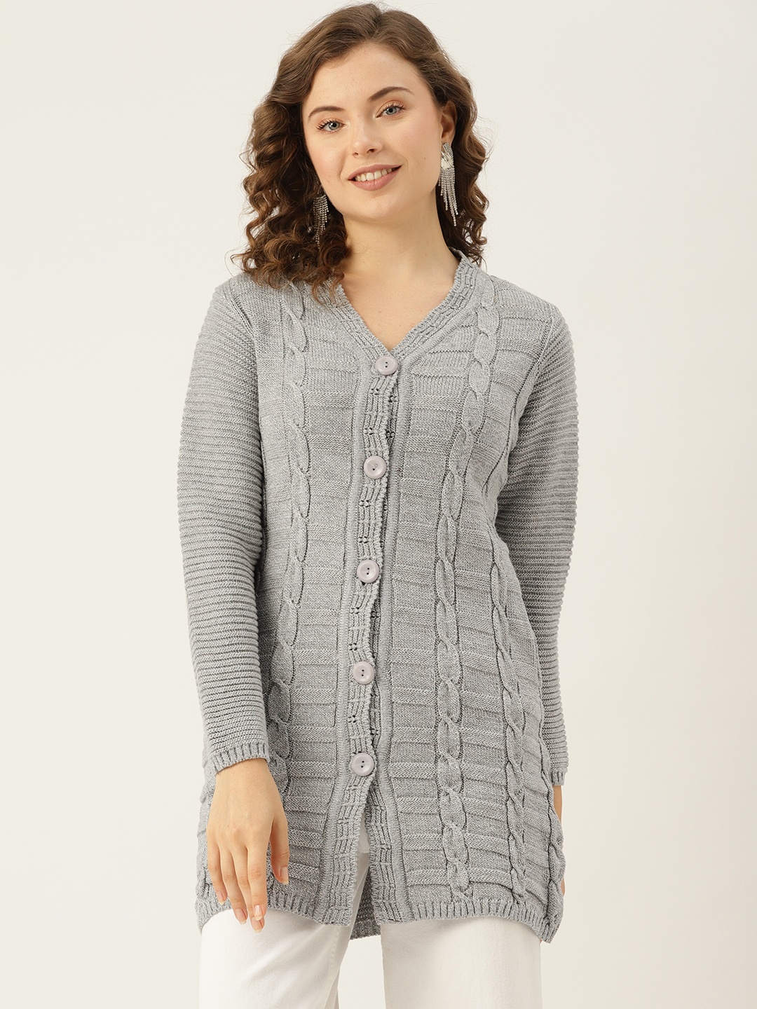 

American Eye Cable Knit Longline Acrylic Cardigan, Grey