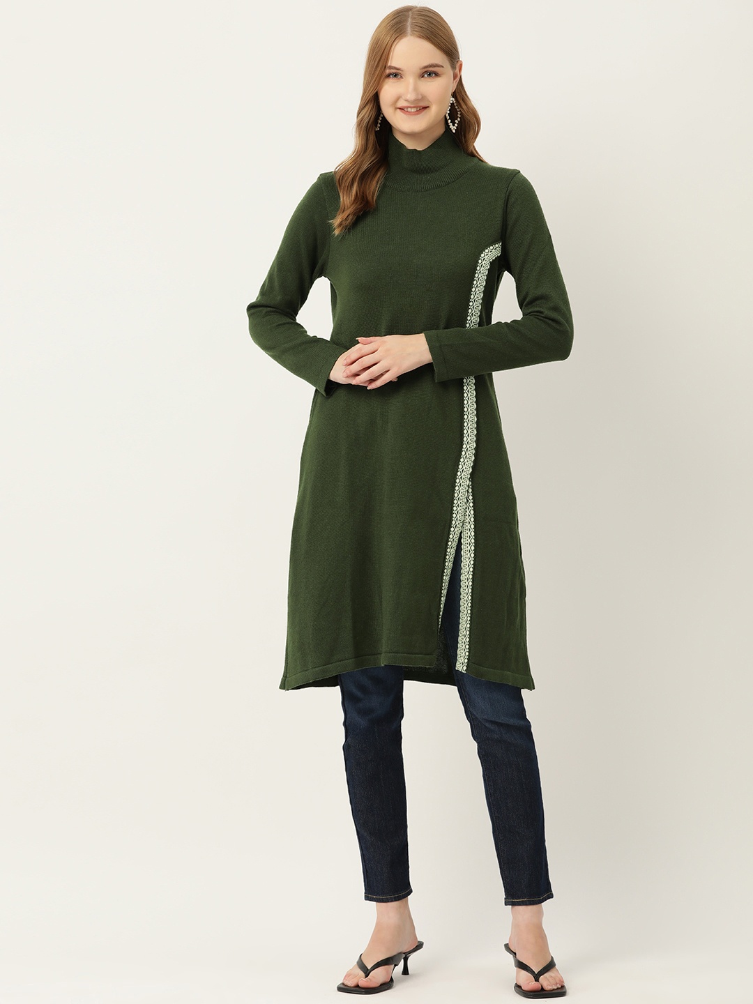 

American Eye High Neck Acrylic Winter Kurta, Olive