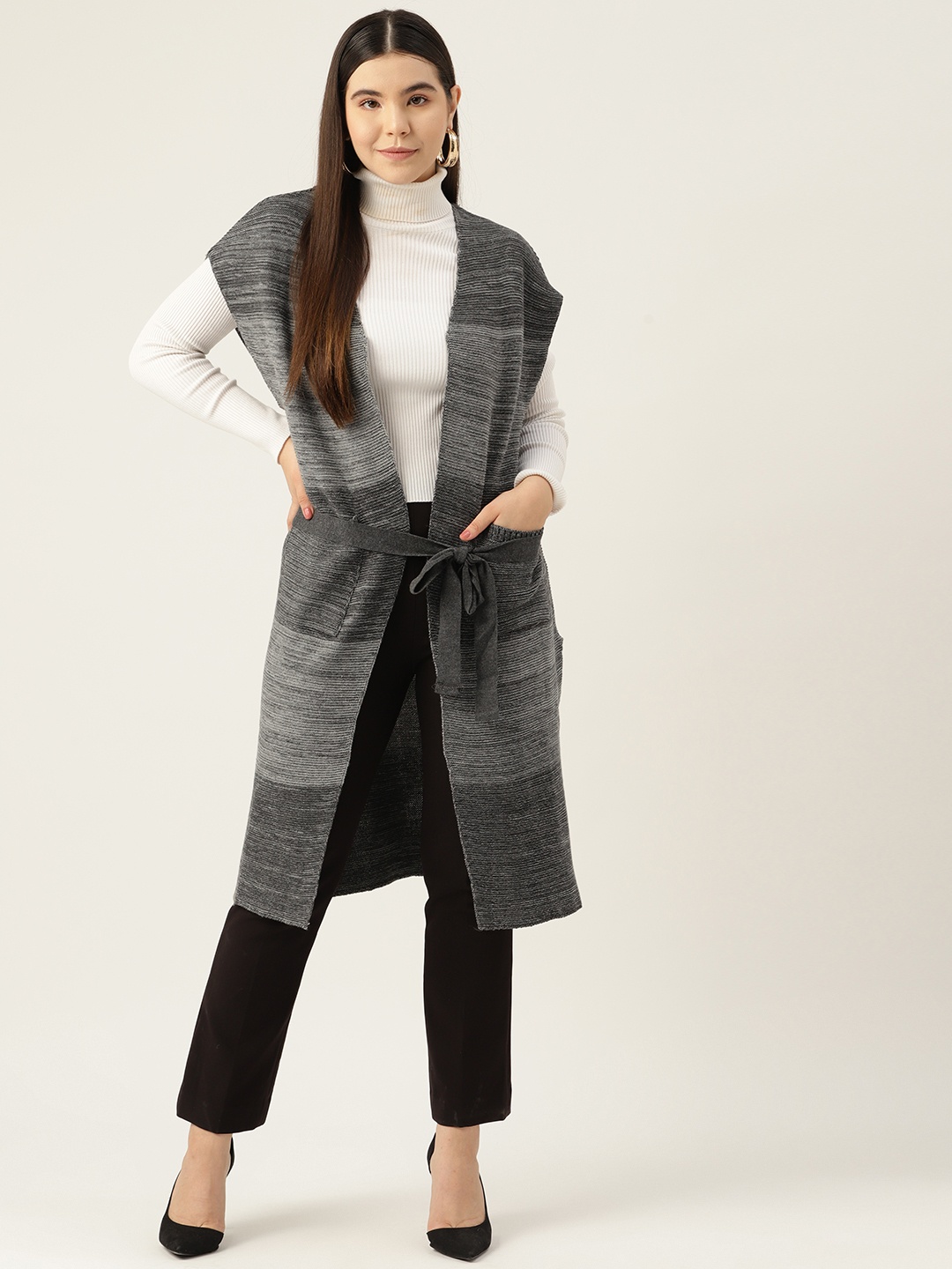 

American Eye Self Striped Acrylic Longline Front-Open Sweater with Belted Detail, Grey melange