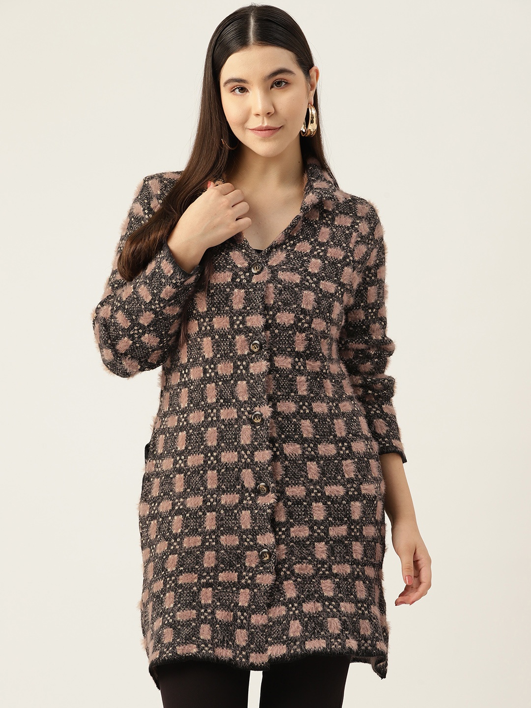 

American Eye Self Design Longline Acrylic Cardigan with Fuzzy Detail, Black