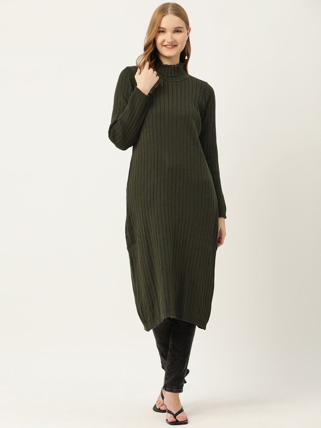 

American Eye Ribbed Longline Acrylic Pullover, Olive