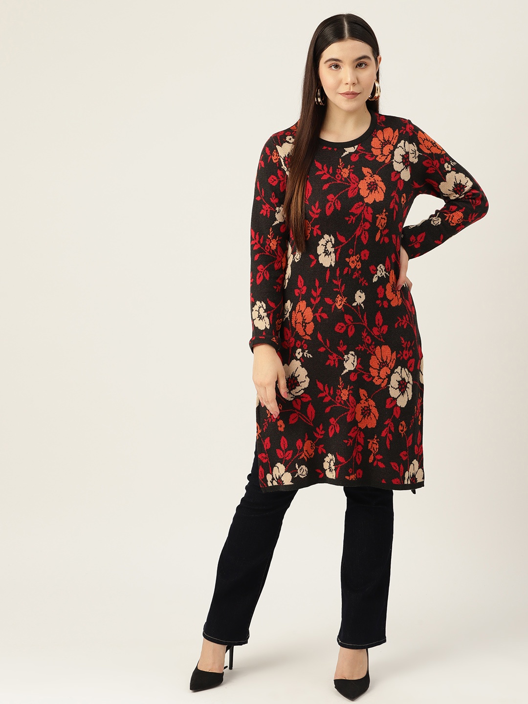 

American Eye Women Floral Winter Kurta, Black