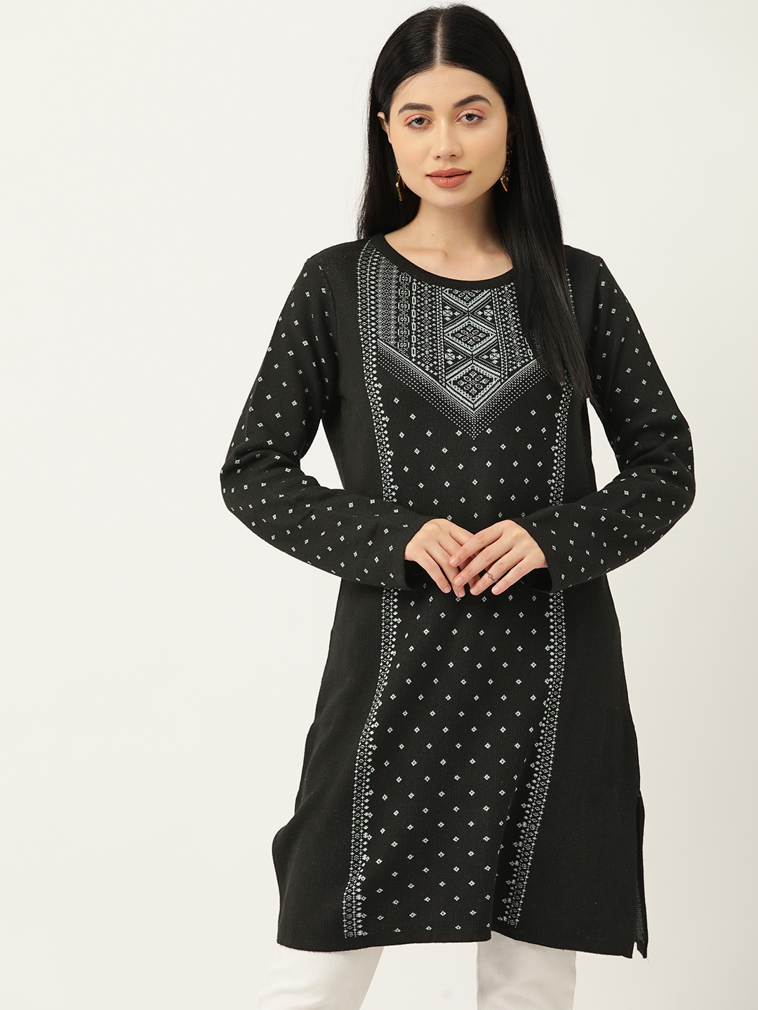 

American Eye Ethnic Motifs Woven Designed Acrylic Kurta, Black