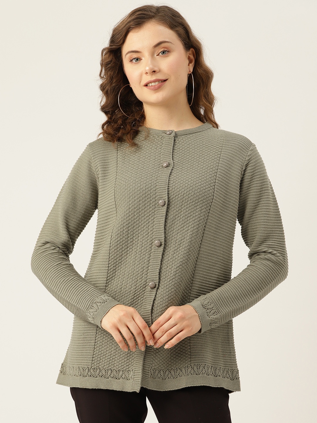 

American Eye Women Self Design Cardigan, Green