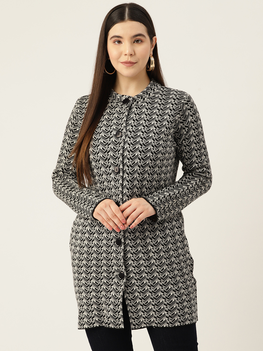 

American Eye Women Self Design Longline Cardigan, Black