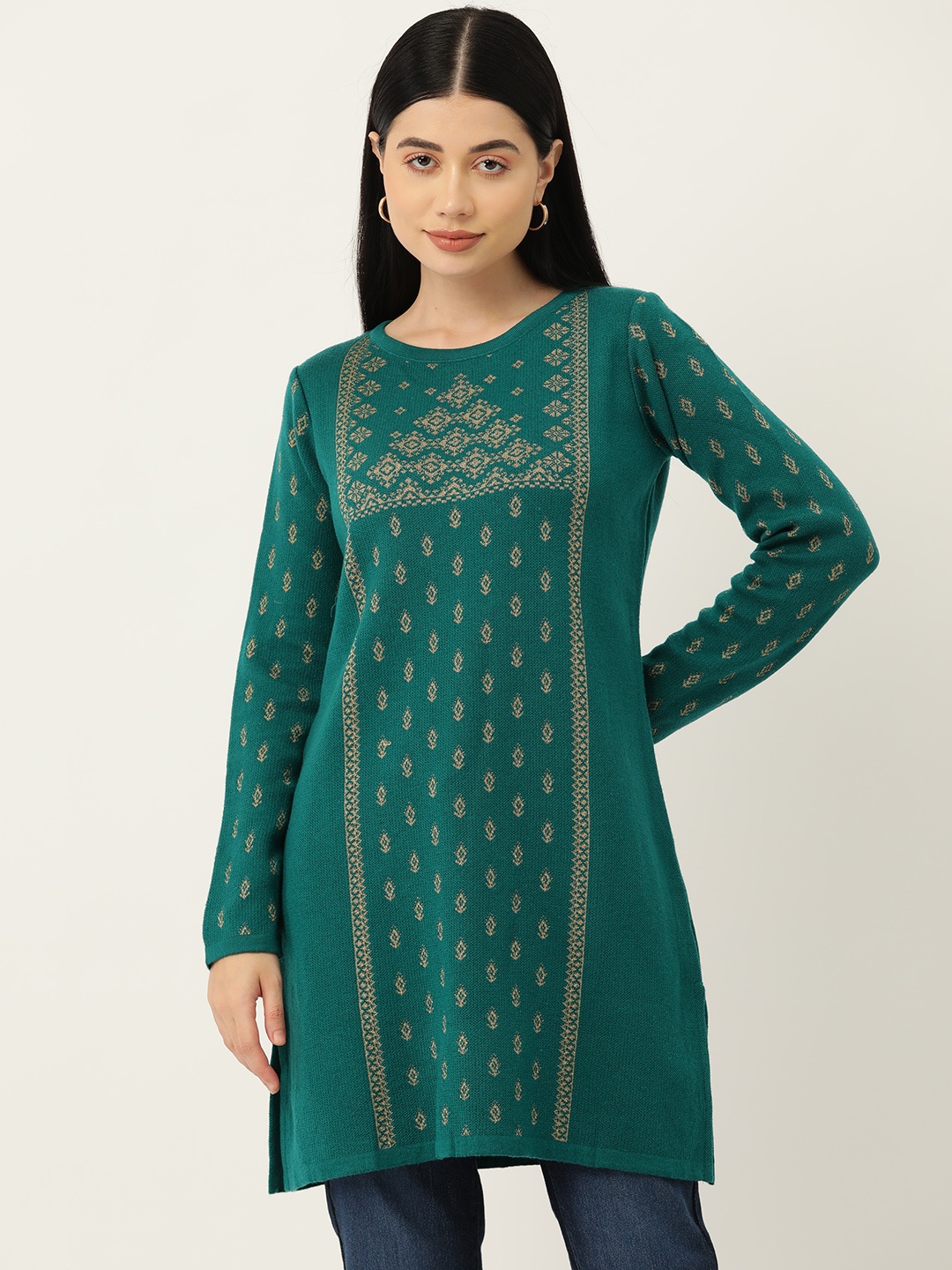 

American Eye Ethnic Motifs Woven Designed Acrylic Kurta, Green