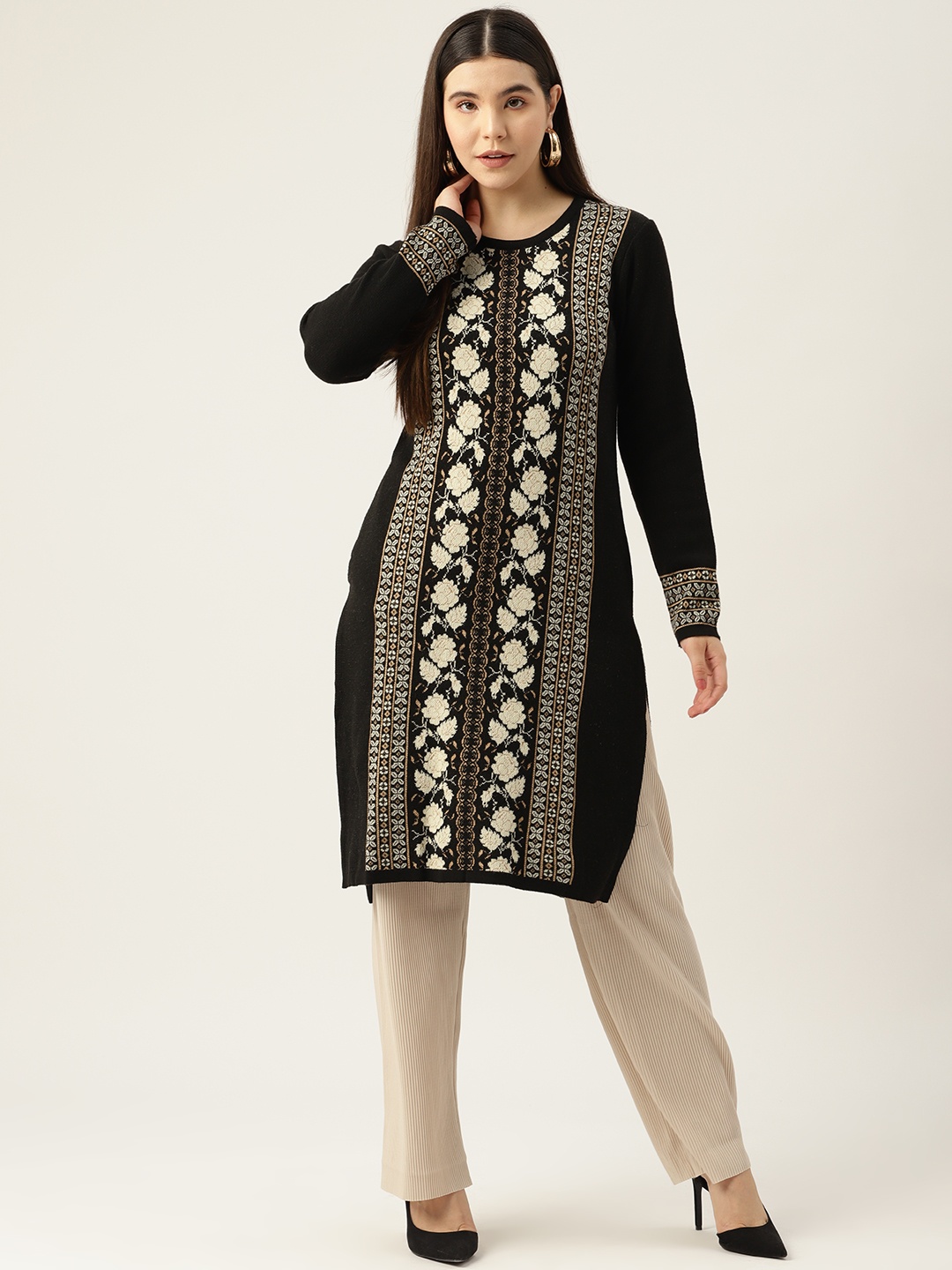 

American Eye Women Ethnic Motifs Winter Kurta, Black
