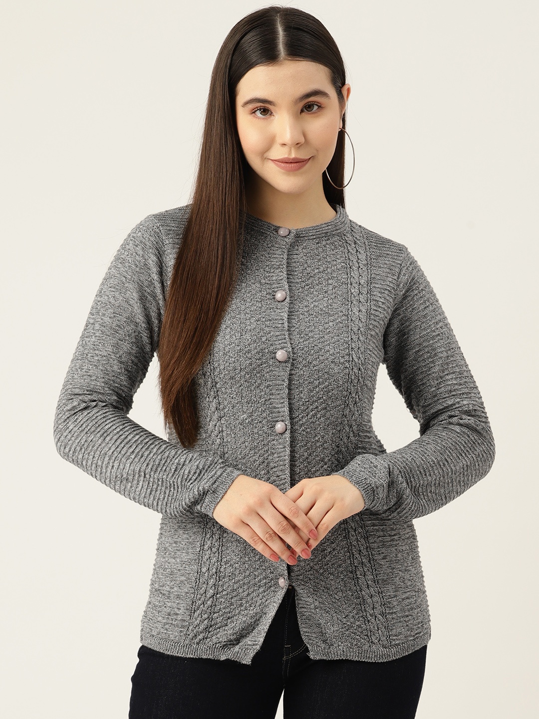 

American Eye Women Cable Knit Acrylic Cardigan, Grey melange