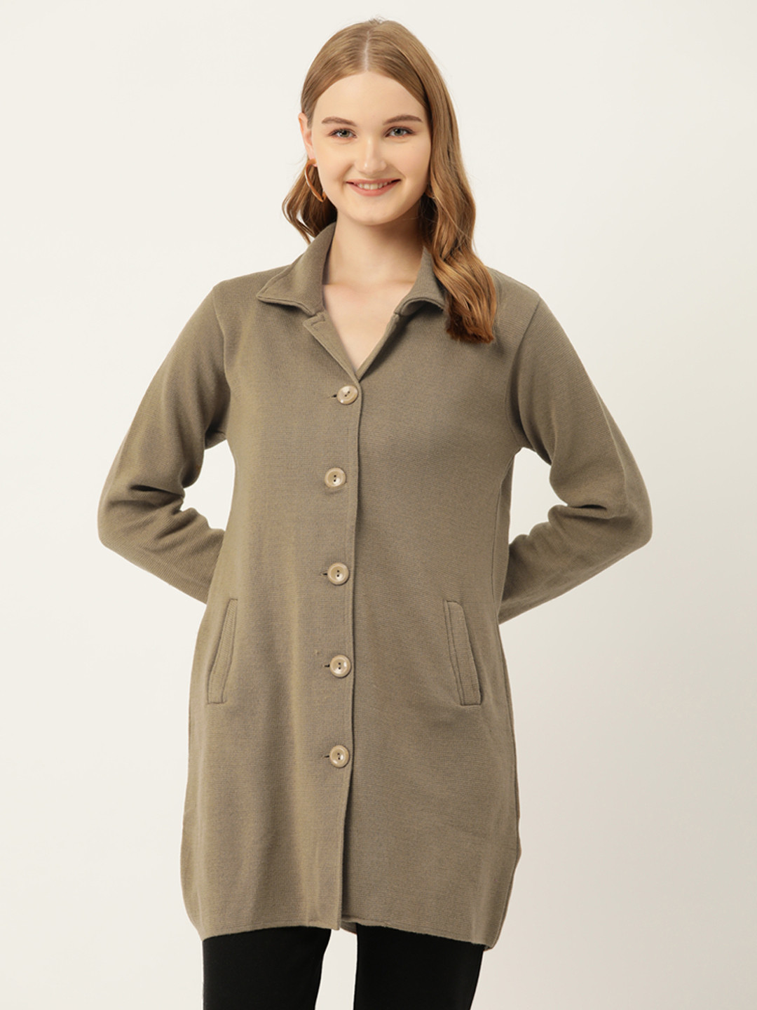 

American Eye Lapel Collar Longline Cardigan, Beige