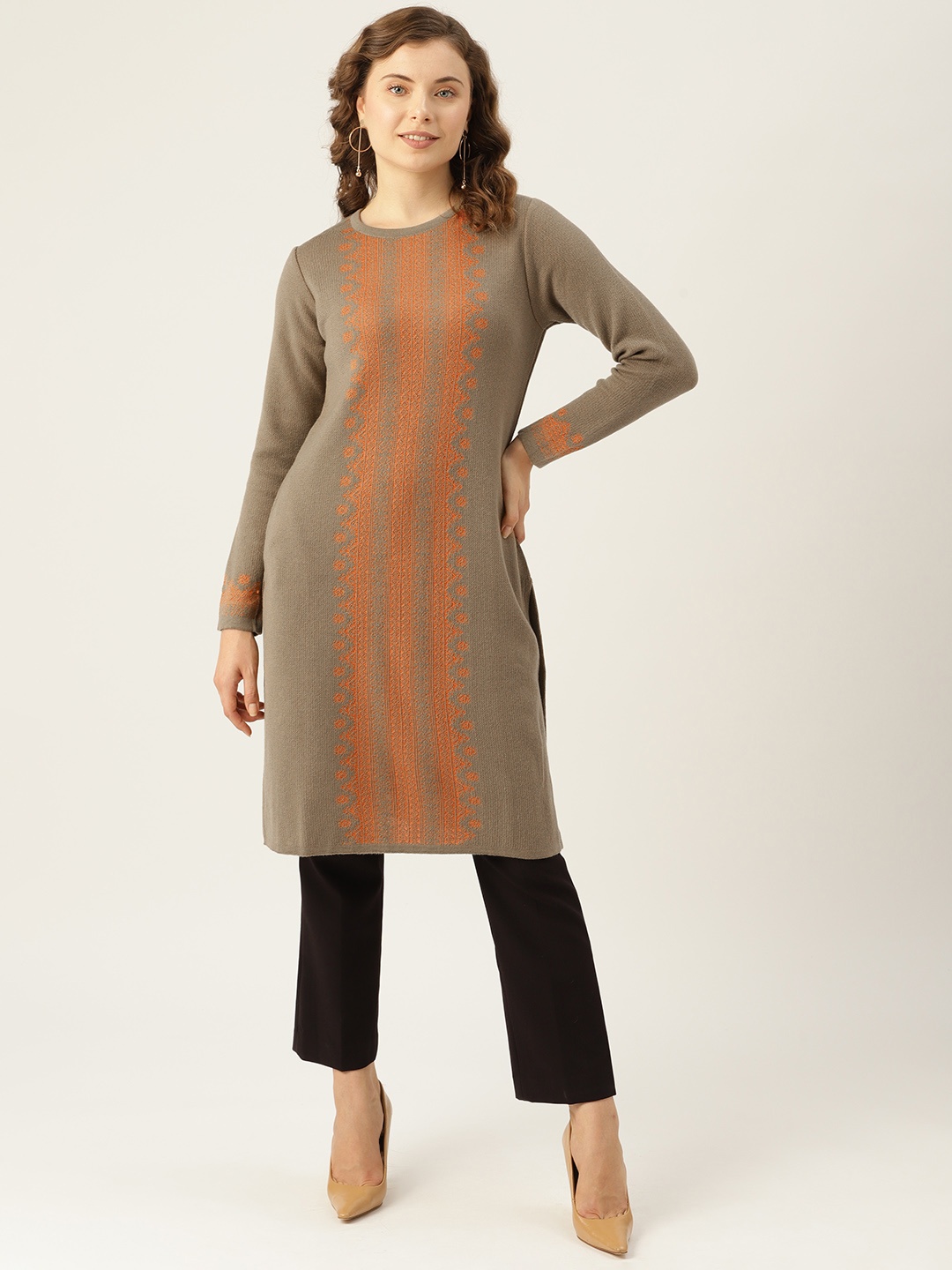 

American Eye Women Ethnic Motifs Woven Design Acrylic Straight Winter Kurta, Beige