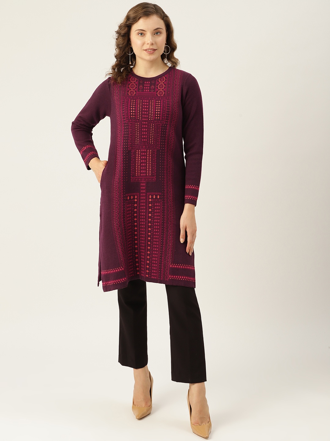 

American Eye Women Ethnic Motifs Woven Design Acrylic Straight Winter Kurta, Burgundy