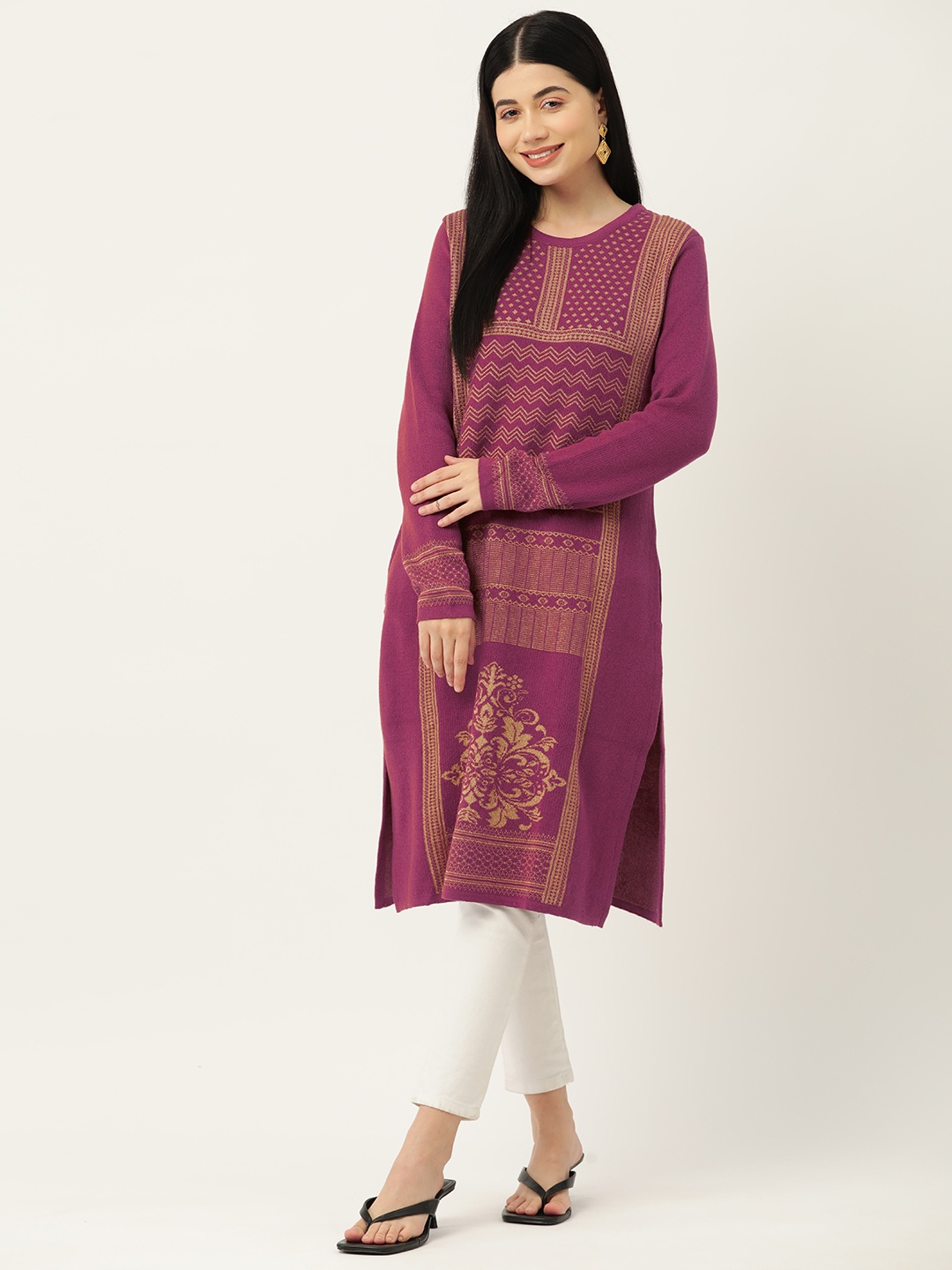 

American Eye Ethnic Motifs Woven Designed Acrylic Straight Kurta, Purple