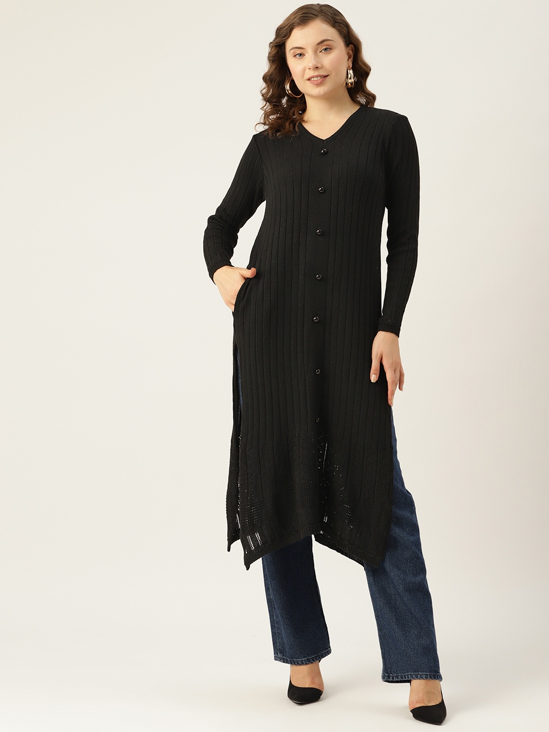

American Eye Women Ribbed Open-Knit Acrylic Straight Winter Kurta, Black