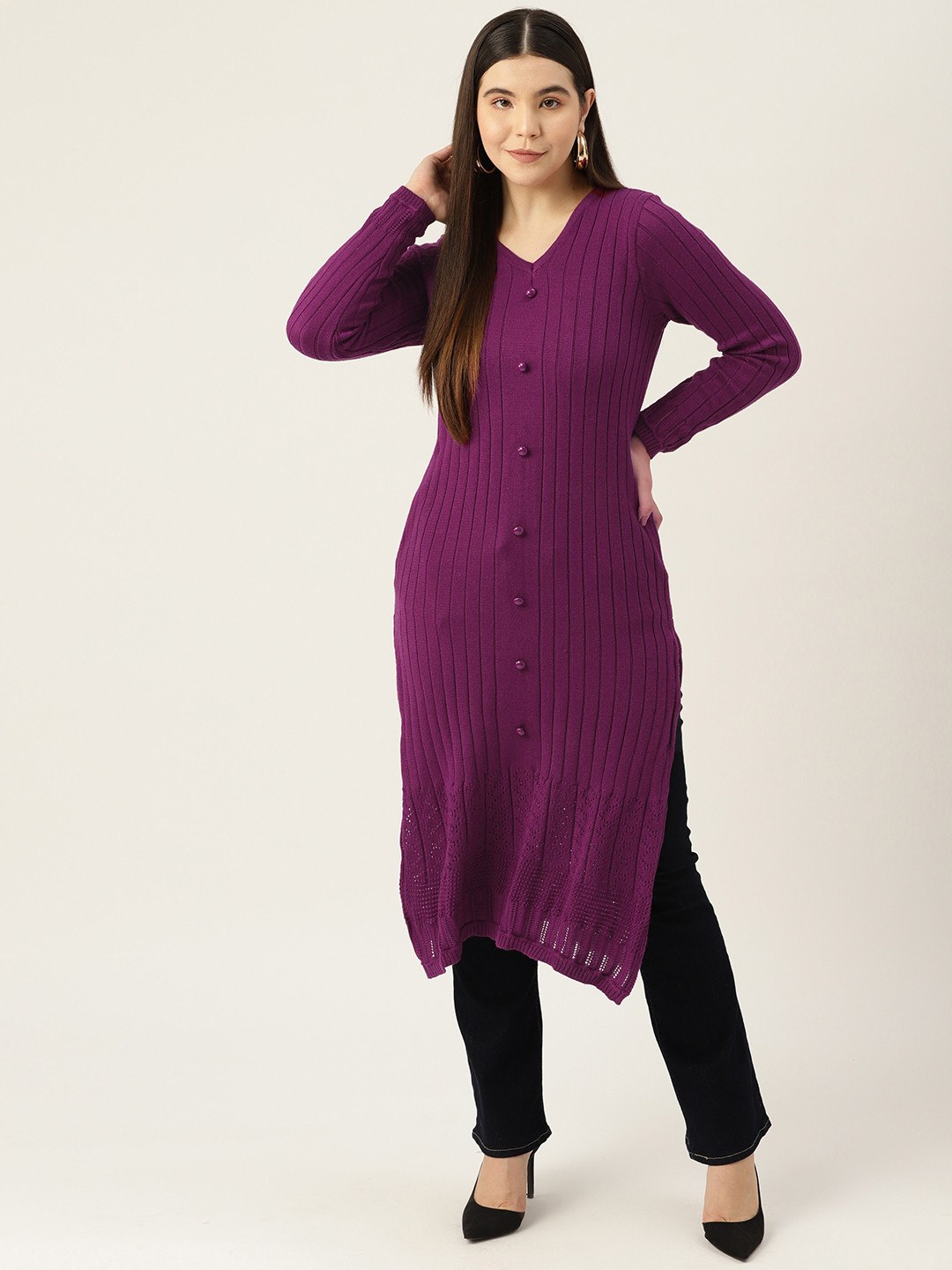 

American Eye Women Ribbed Open-Knit Acrylic Straight Winter Kurta, Purple