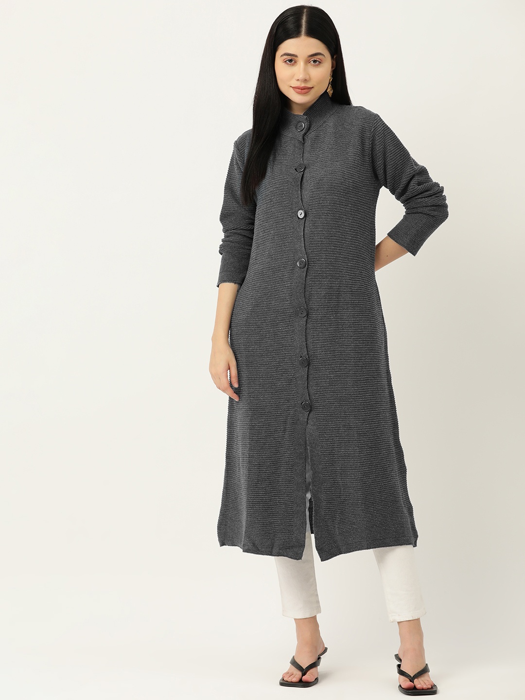 

American Eye Ribbed Longline Cardigan, Charcoal