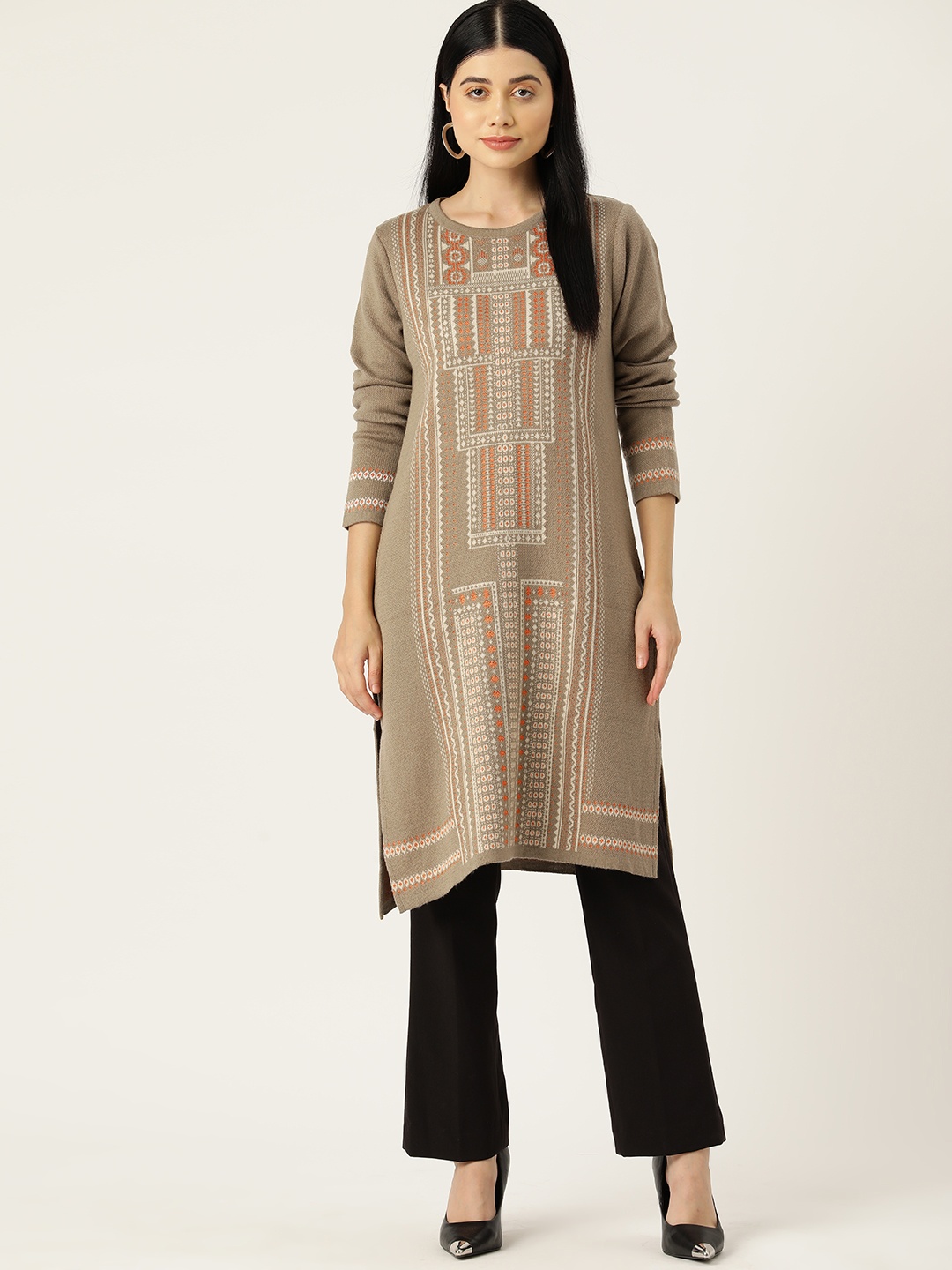 

American Eye Ethnic Motifs Acrylic Kurta, Brown