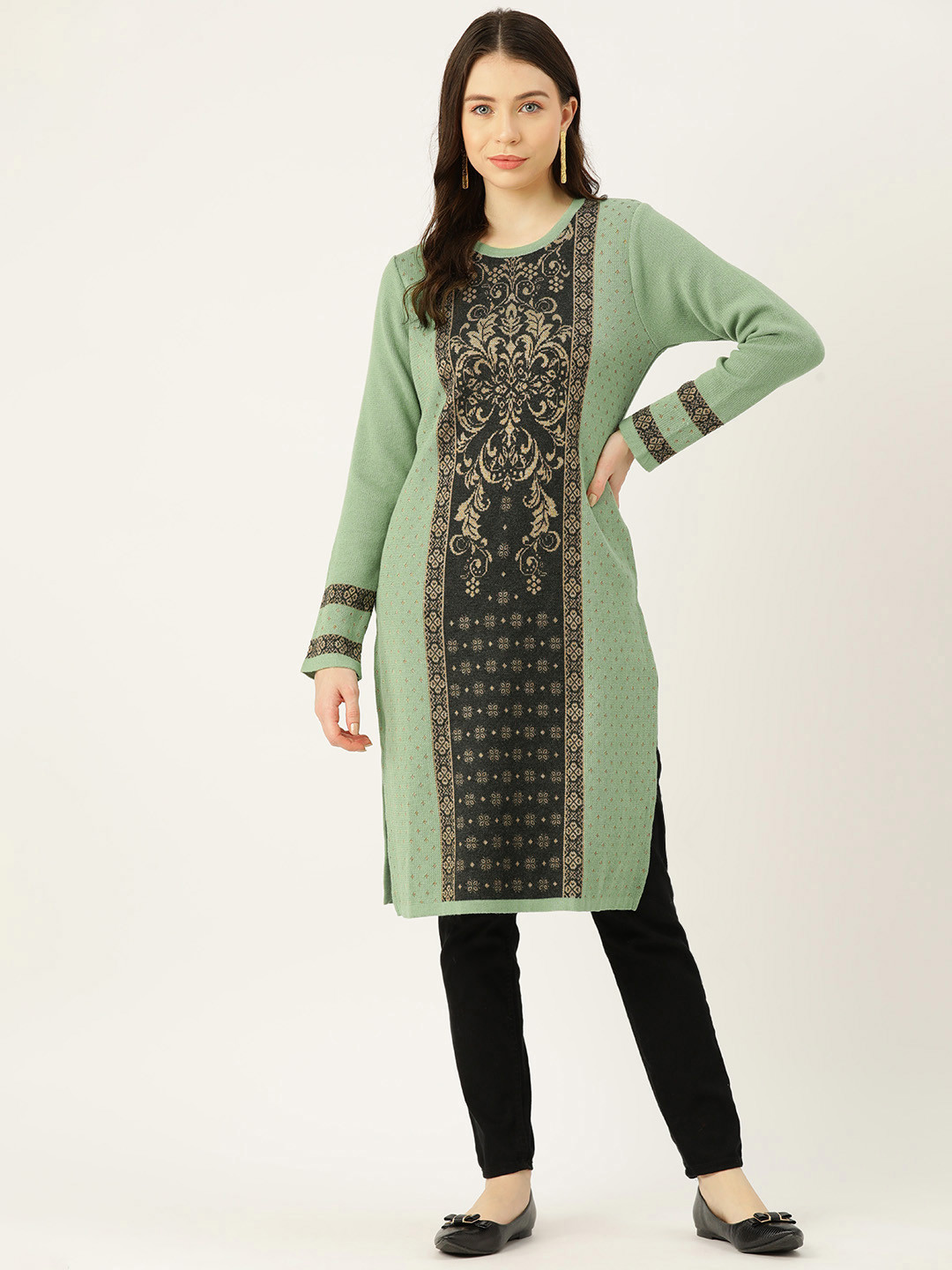 

American Eye Ethnic Motifs Printed Winter Kurta, Green