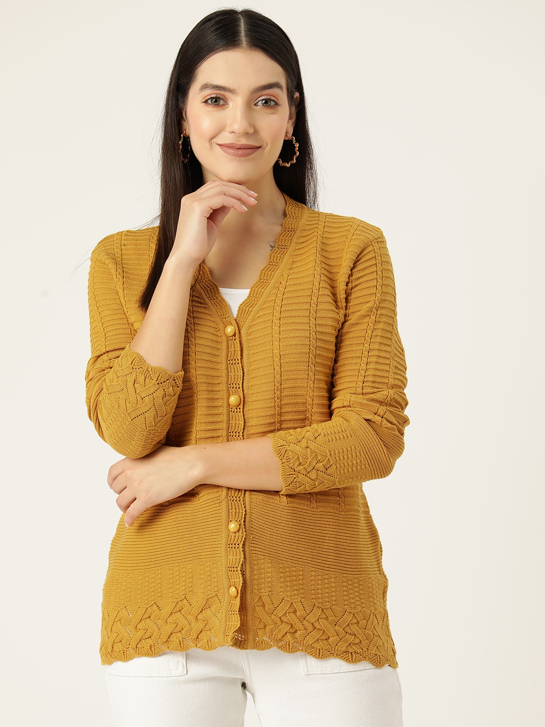 

American Eye Cable Knit V-Neck Cardigan, Mustard