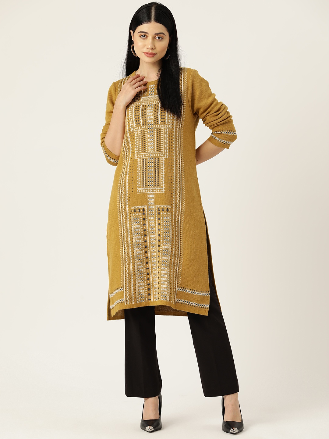 

American Eye Ethnic Motifs Acrylic Kurta, Mustard