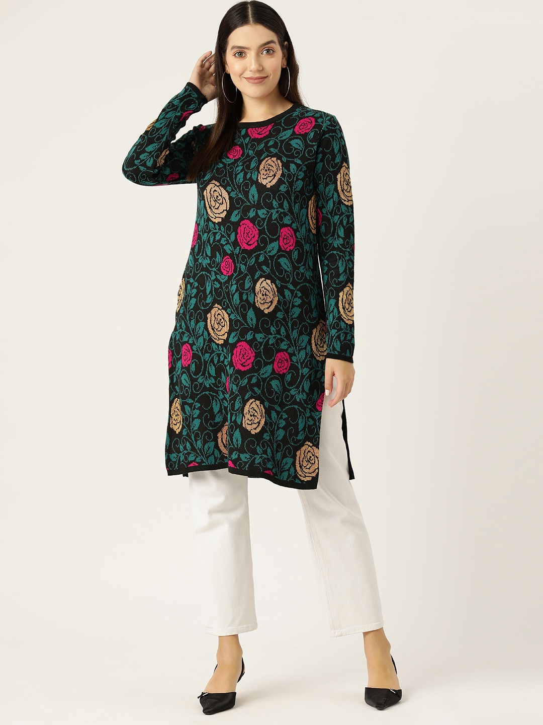 

American Eye Floral Design Acrylic Kurta, Black