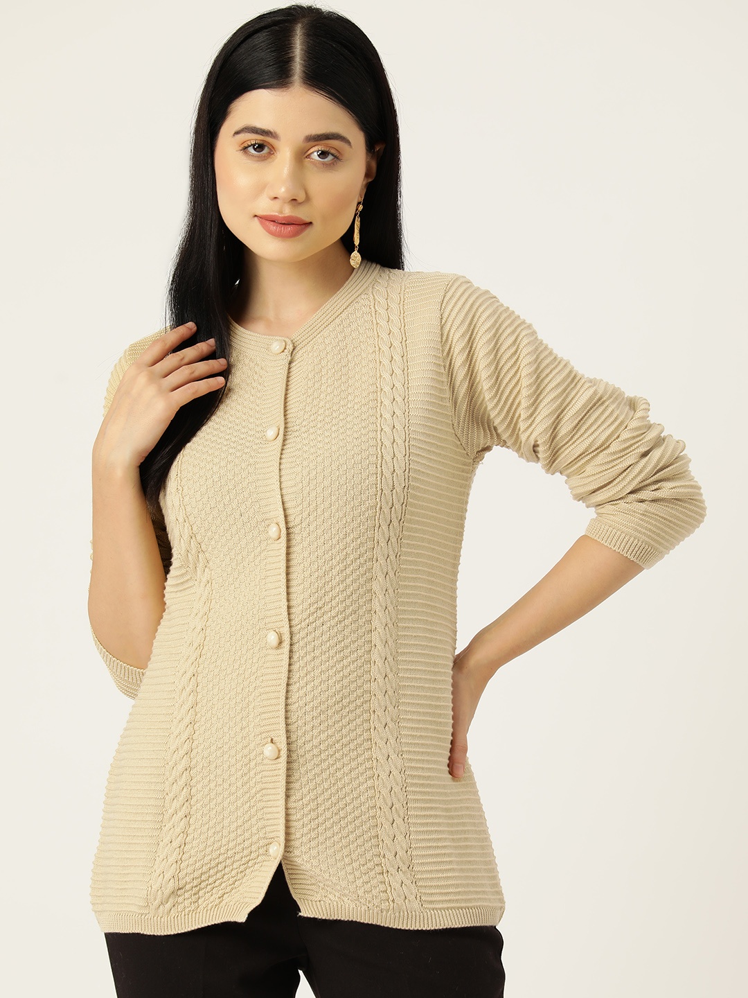 

American Eye Cable Knit Acrylic Cardigan, Beige