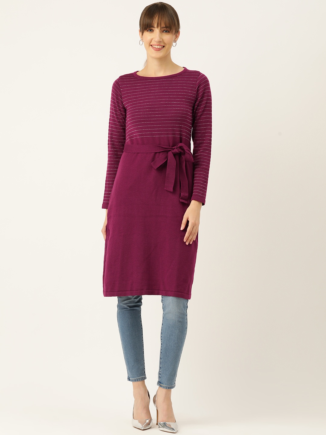 

American Eye Women Striped Acrylic Straight Winter Kurta, Purple